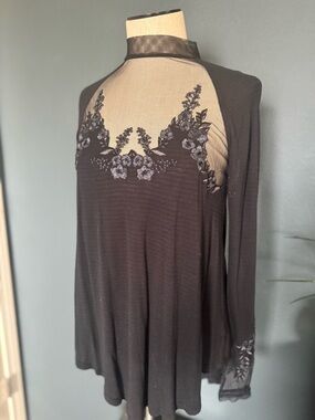 Free People Black Sheer Floral Appliqué Long-Sleeve Top